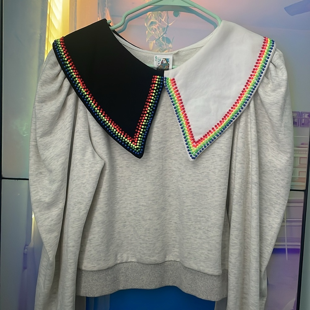 QUEEN OF SPARKLES Rainbow Beaded Collar Sweatshirt Pullover Size XS